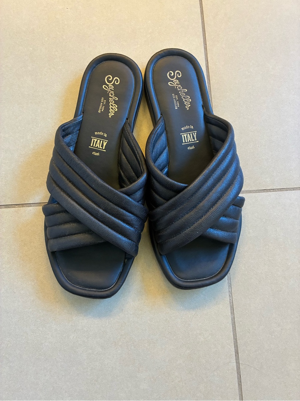 Seychelles Black Quilted Crossband Slide Sandals